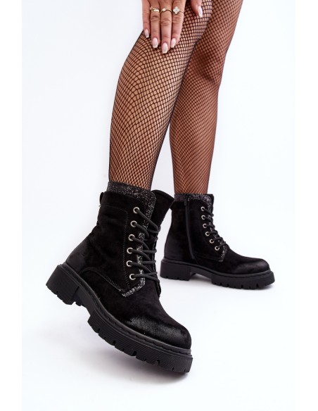 Women's Decorated Lace-up Ankle Boots Black Santelia