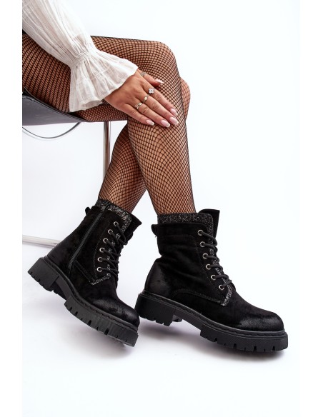 Women's Decorated Lace-up Ankle Boots Black Santelia
