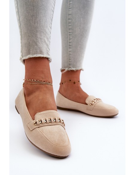 Shiny Women's Loafers with Chain Beige Aredilla