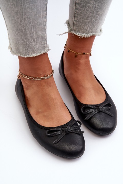 Black Eco Leather Ballerina Flats with Bow
