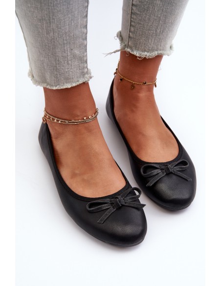 Black Eco Leather Ballerina Flats with Bow