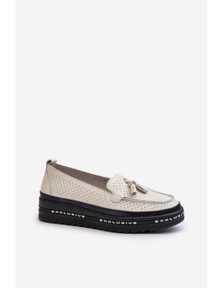 Women's Leather Platform Moccasins Beige Assetnima