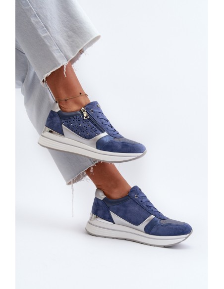 Women's Platform Sneakers with Lacy Pattern and Brocade INBLU IN000372 Blue