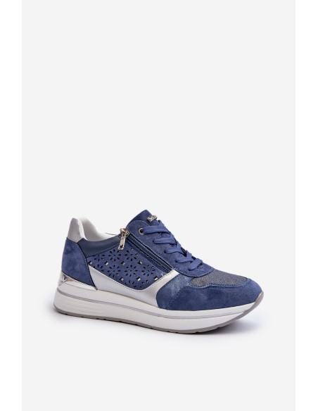 Women's Platform Sneakers with Lacy Pattern and Brocade INBLU IN000372 Blue