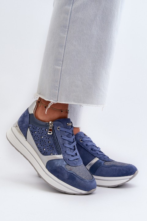Women's Platform Sneakers with Lacy Pattern and Brocade INBLU IN000372 Blue