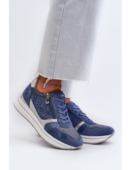 Women's Platform Sneakers with Lacy Pattern and Brocade INBLU IN000372 Blue
