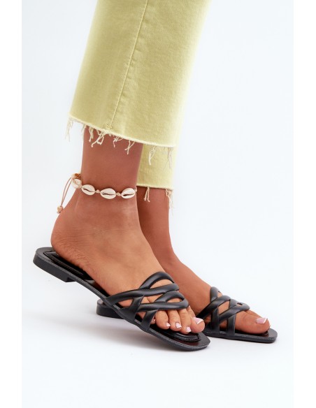 Women's Eco Leather Flat Heel Black Sandals Moldela