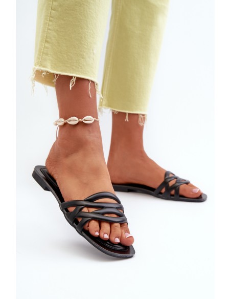 Women's Eco Leather Flat Heel Black Sandals Moldela