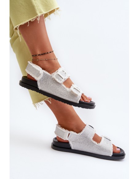 Women's White Embellished Denim Sandals Irmale