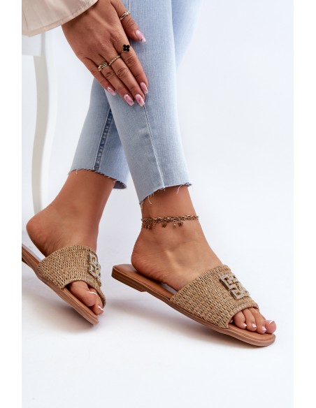 Flat Women's Slippers with Weave and Decoration Beige Omenna