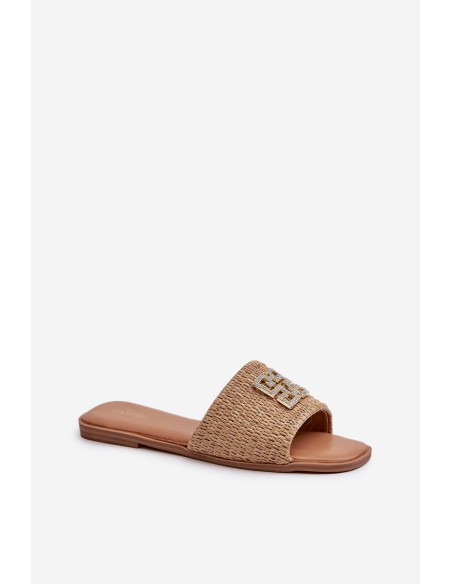 Flat Women's Slippers with Weave and Decoration Beige Omenna