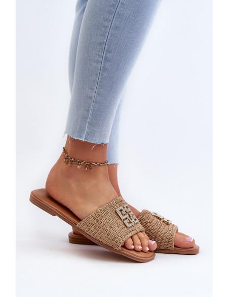 Flat Women's Slippers with Weave and Decoration Beige Omenna