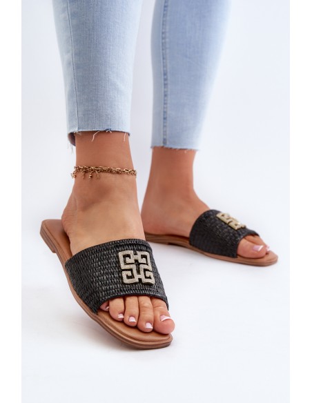 Flat Women's Sandals with Weave and Decoration Black Omenna