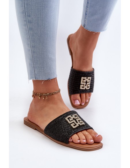 Flat Women's Sandals with Weave and Decoration Black Omenna