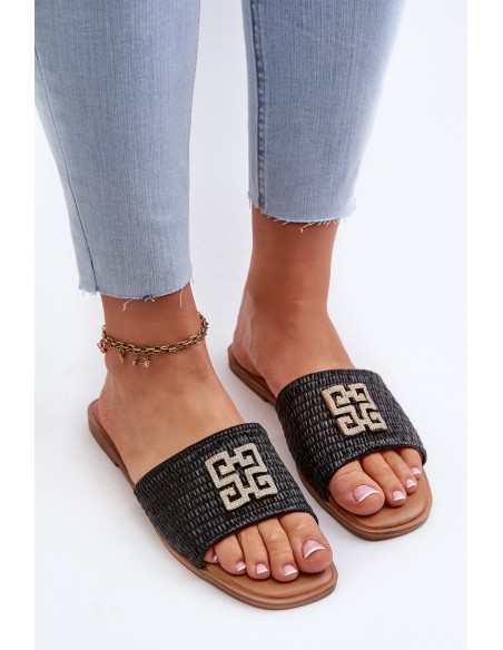 Flat Women's Sandals with Weave and Decoration Black Omenna