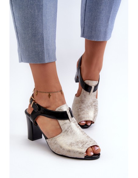 Women's sandals with a heel made of eco-leather in gold-black Queenmarie