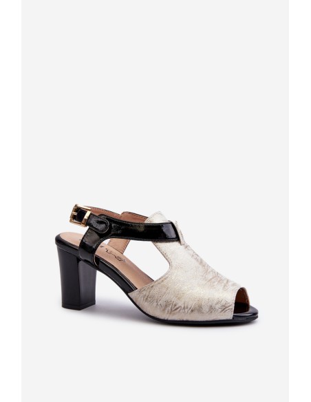 Women's sandals with a heel made of eco-leather in gold-black Queenmarie