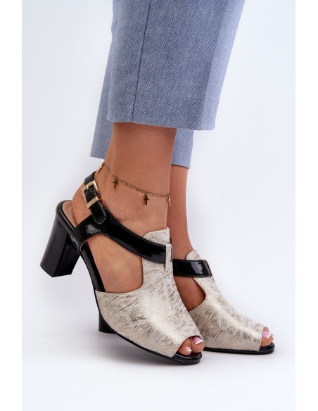 Women's sandals with a heel made of eco-leather in gold-black Queenmarie