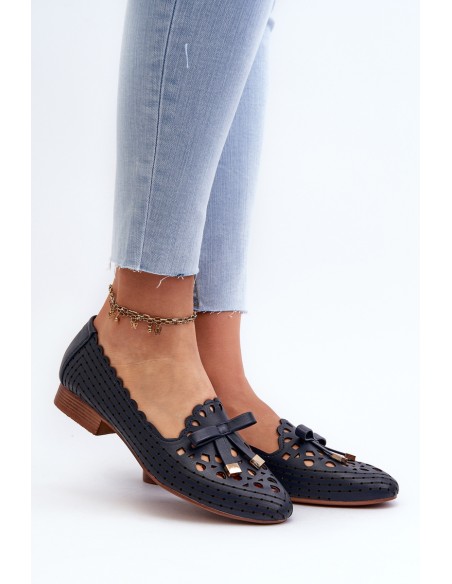 Women's Navy Blue Cutout Ballerina Flats with Bow Nestavia