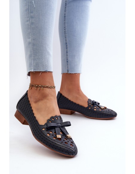 Women's Navy Blue Cutout Ballerina Flats with Bow Nestavia