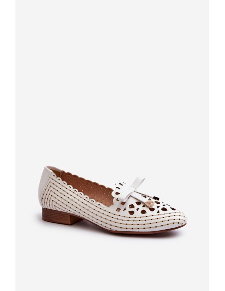 White Women's Cutout Ballerina Flats with Bow Nestavia