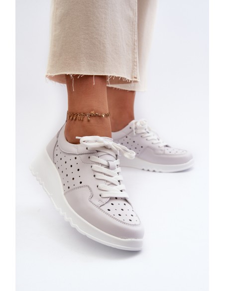 Women's Openwork Wedge Sneakers Natural Leather Light Grey S.Barski LR482