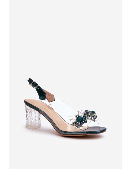 Transparent sandals on a heel with decorations in green D&A MR38-D1