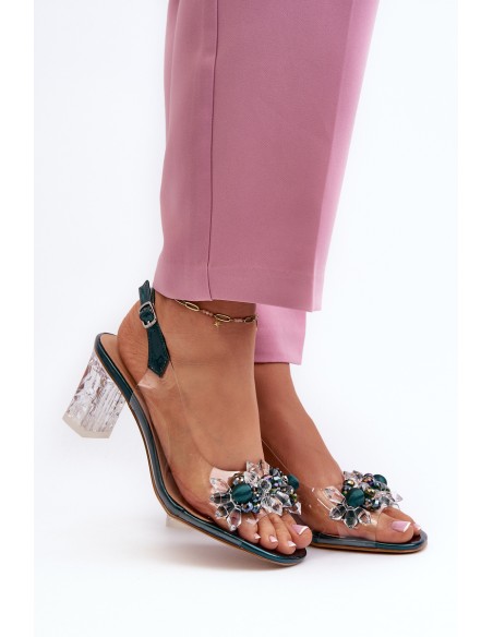Transparent sandals on a heel with decorations in green D&A MR38-D1