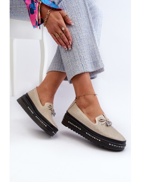 Shiny Women's Leather Loafers on Platform S.Barski LR400 Golden