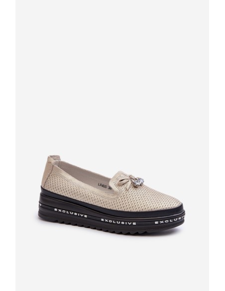 Shiny Women's Leather Loafers on Platform S.Barski LR400 Golden