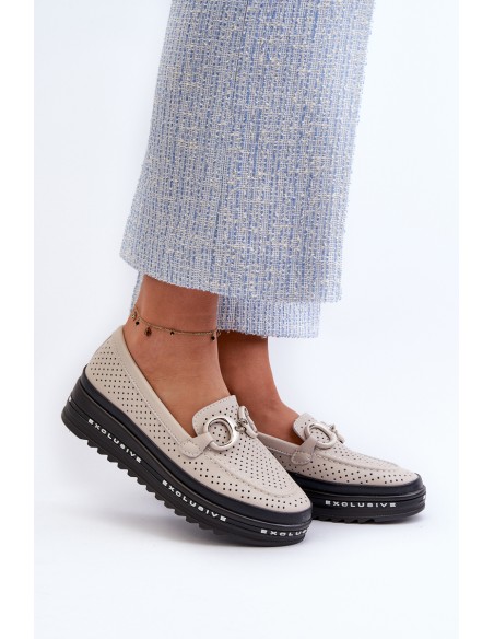 Women's Leather Platform Moccasins with Decoration S.Barski LR750 Beige