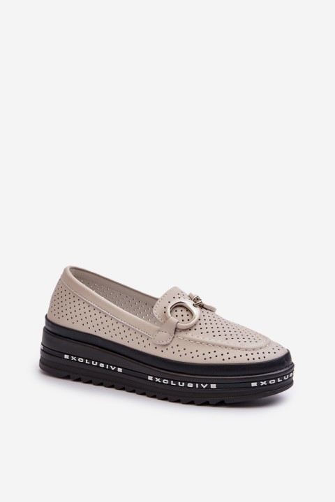 Women's Leather Platform Moccasins with Decoration S.Barski LR750 Beige