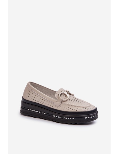 Women's Leather Platform Moccasins with Decoration S.Barski LR750 Beige