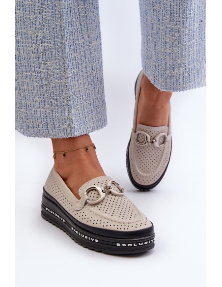 Women's Leather Platform Moccasins with Decoration S.Barski LR750 Beige