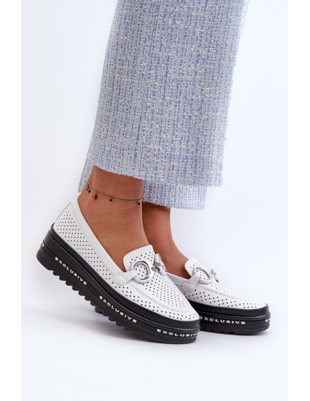 [Women's Leather Platform Moccasins with Decoration S.Barski LR750 White]