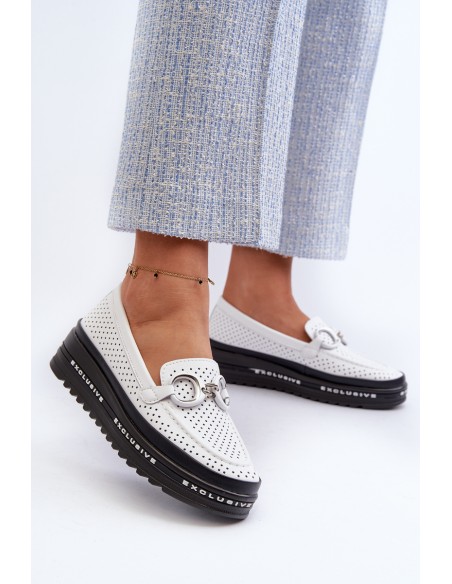 [Women's Leather Platform Moccasins with Decoration S.Barski LR750 White]