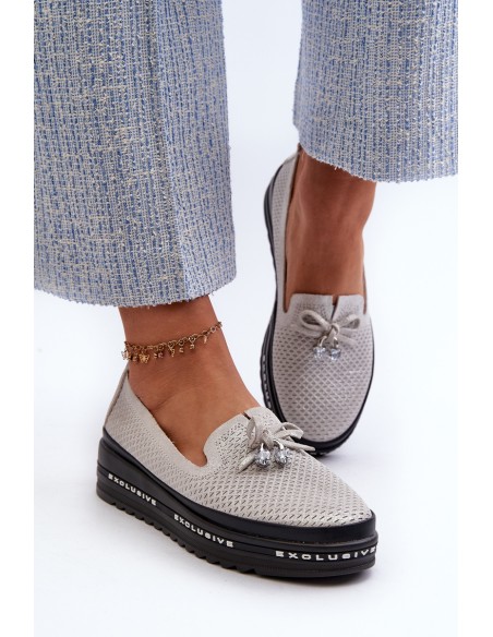 Shiny Women's Leather Loafers on Platform S.Barski LR400 Silver