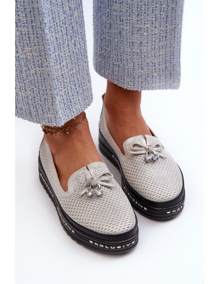 Shiny Women's Leather Loafers on Platform S.Barski LR400 Silver