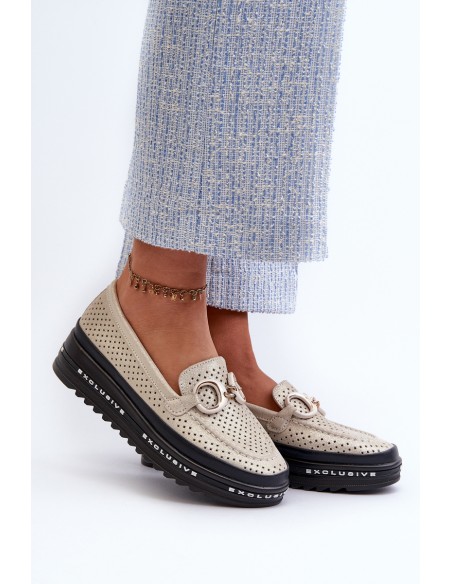 Women's Leather Shiny Platform Moccasins with Decoration S.Barski LR750 Gold