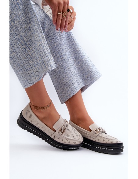 Women's Leather Platform Loafers with Chain Detail S.Barski LR618 Beige