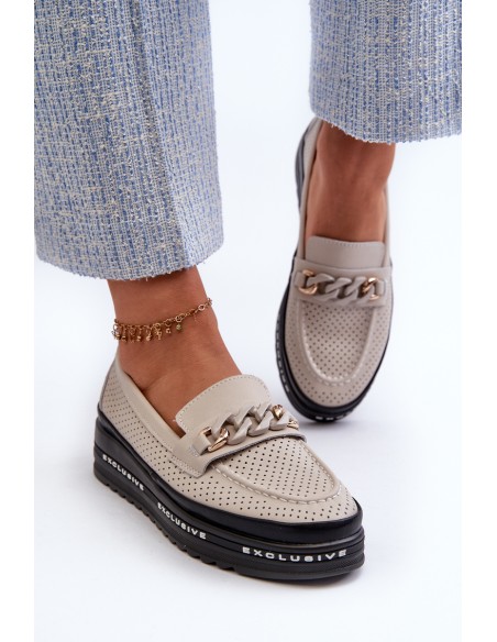 Women's Leather Platform Loafers with Chain Detail S.Barski LR618 Beige