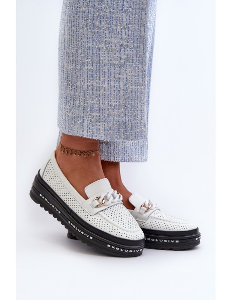 Women's Leather Platform Loafers with Chain S.Barski LR618 White