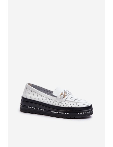 Women's Leather Platform Loafers with Chain S.Barski LR618 White