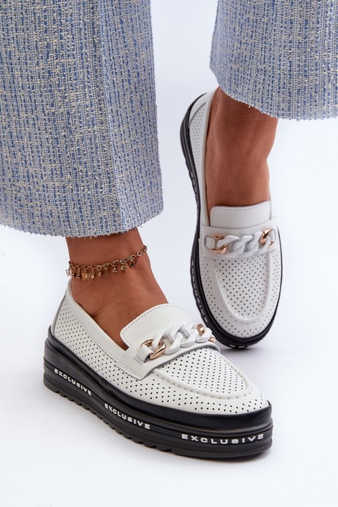 Women's Leather Platform Loafers with Chain S.Barski LR618 White