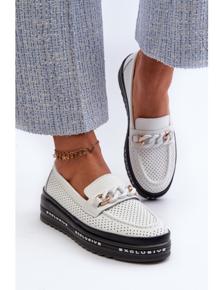 Women's Leather Platform Loafers with Chain S.Barski LR618 White