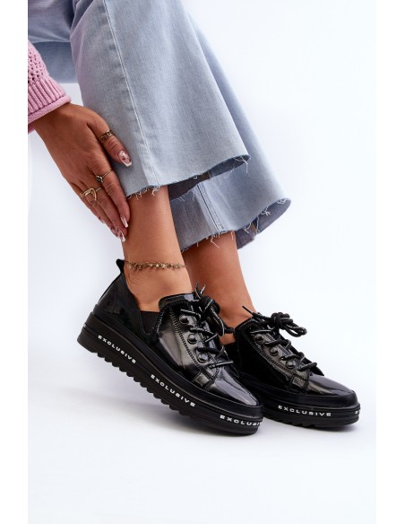 Women's Lace-Up Platform Shoes Genuine Leather S.Barski LR620 Black