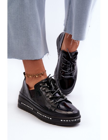 Women's Lace-Up Platform Shoes Genuine Leather S.Barski LR620 Black