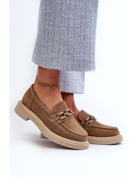 Women's Suede Loafers with Flat Heel and Decoration D&A TW101 Brown