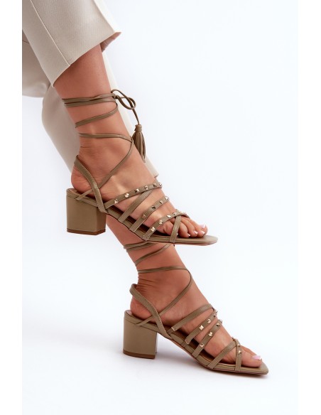 Lace-Up Sandals With Low Heels Adorned with Studs Green Chrisele