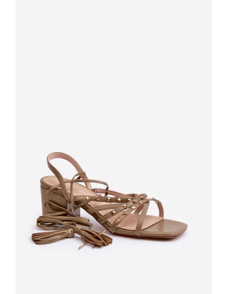 Lace-Up Sandals With Low Heels Adorned with Studs Green Chrisele